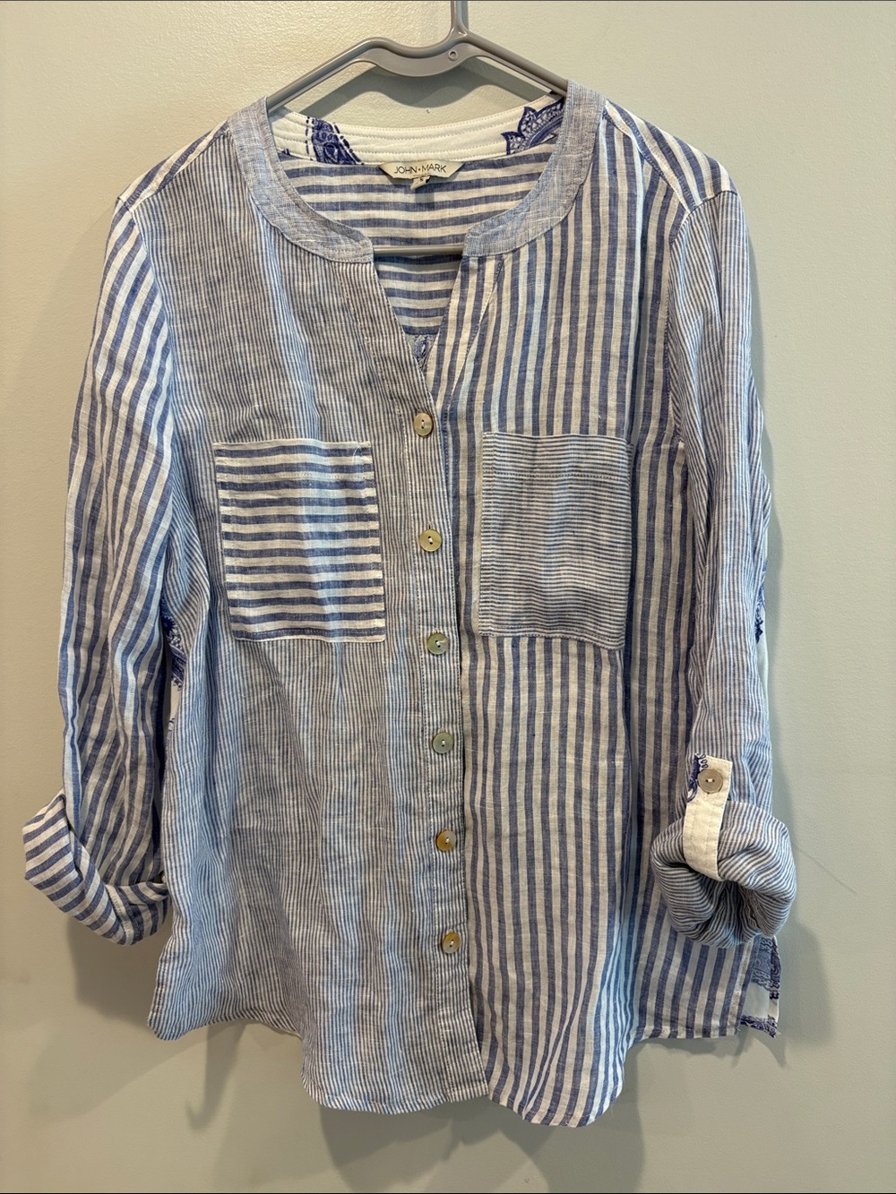 John Mark Blue and White Striped Button-Down Shirt ptp 20 length 27
